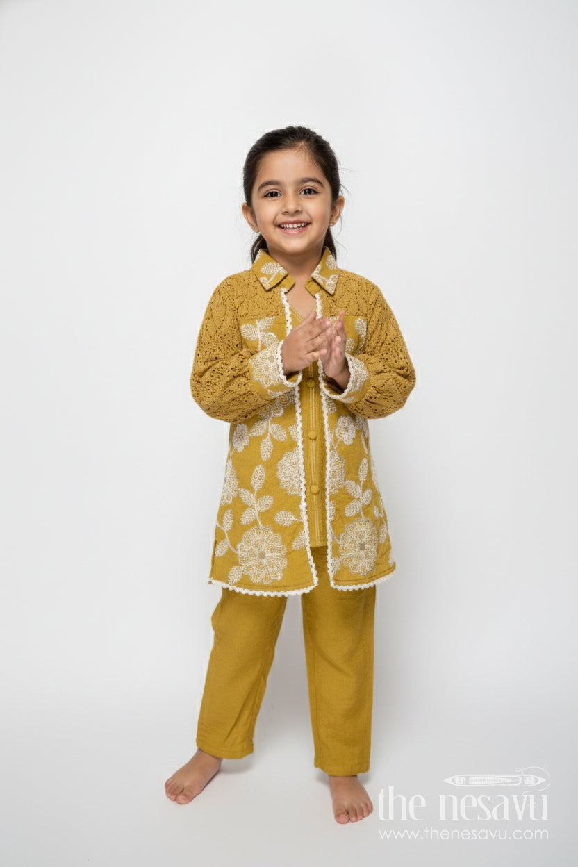 The Nesavu Girls Co-Ord Sets Girls Sharara Set with Attached Coat for Festive Occasions and Weddings Nesavu 28 (7Y) / Yellow GPS783A-28 Nesavu girls sharara set crochet jacket  perfect weddings traditional functions