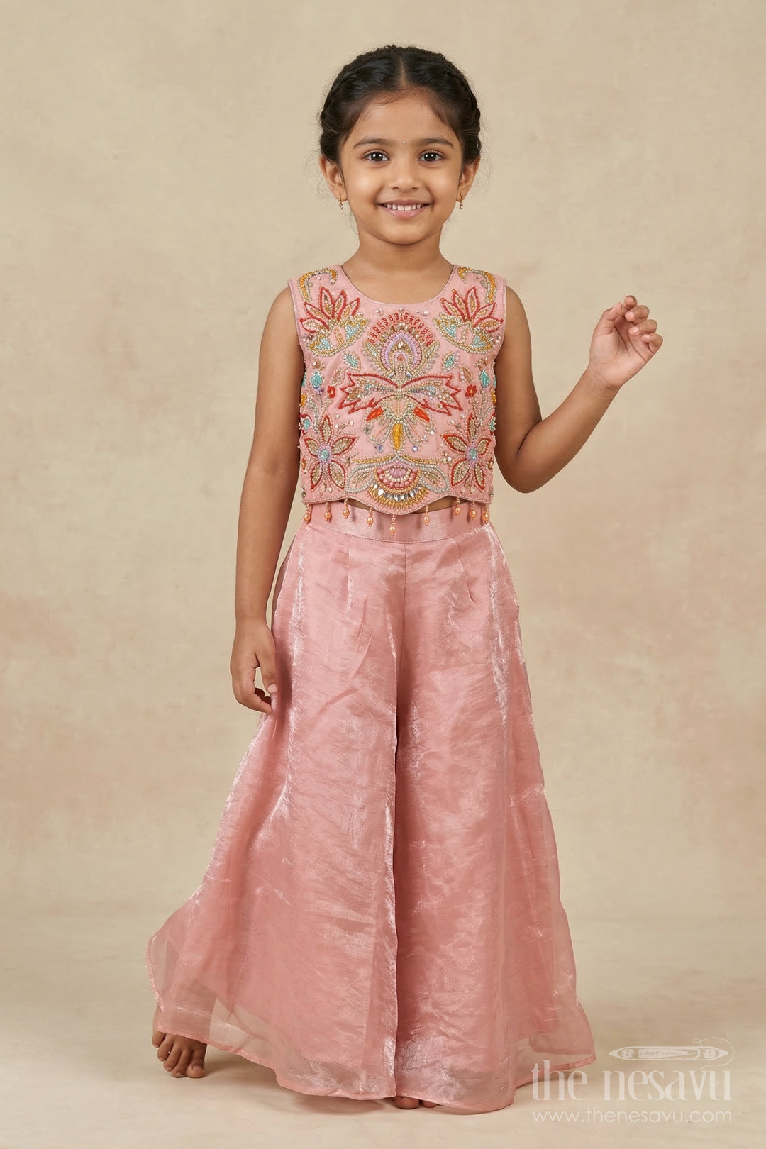 The Nesavu Girls Sharara / Plazo Set Girls Sharara Set with Cut Beads Embroidery for Festive Dressing Nesavu 18 (2Y) / Peach / Organza GPS937B-18 Nesavu girls sharara set in organza with embroidered yoke – perfect for festive occasions and ceremonies