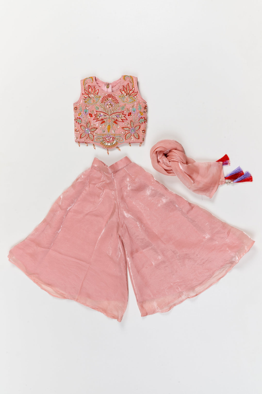 The Nesavu Girls Sharara / Plazo Set Girls Sharara Set with Cut Beads Embroidery for Festive Dressing Nesavu Nesavu girls sharara set in organza with embroidered yoke – perfect for festive occasions and ceremonies