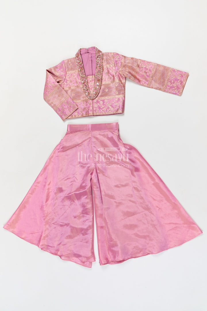 The Nesavu Girls Sharara / Plazo Set Girls Sharara Set with Designer Yoke for Weddings and Festive Occasions Nesavu 24 (5Y) / Pink GPS921A-24 Nesavu girls sharara set with designer yoke and sling bag for weddings and festive wear