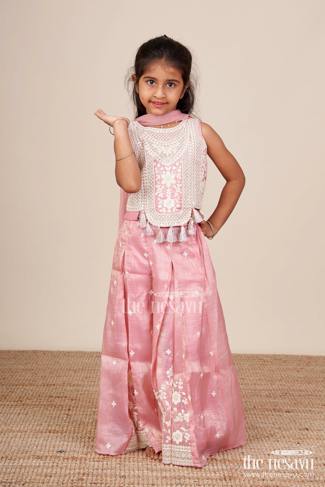 The Nesavu Girls Sharara / Plazo Set Girls Sharara Set with Embroidered Crop Top for Festive Occasions Nesavu 18 (2Y) / Pink GPS751A-18 Nesavu girls sharara set embroidered crop top weddings festive celebrations