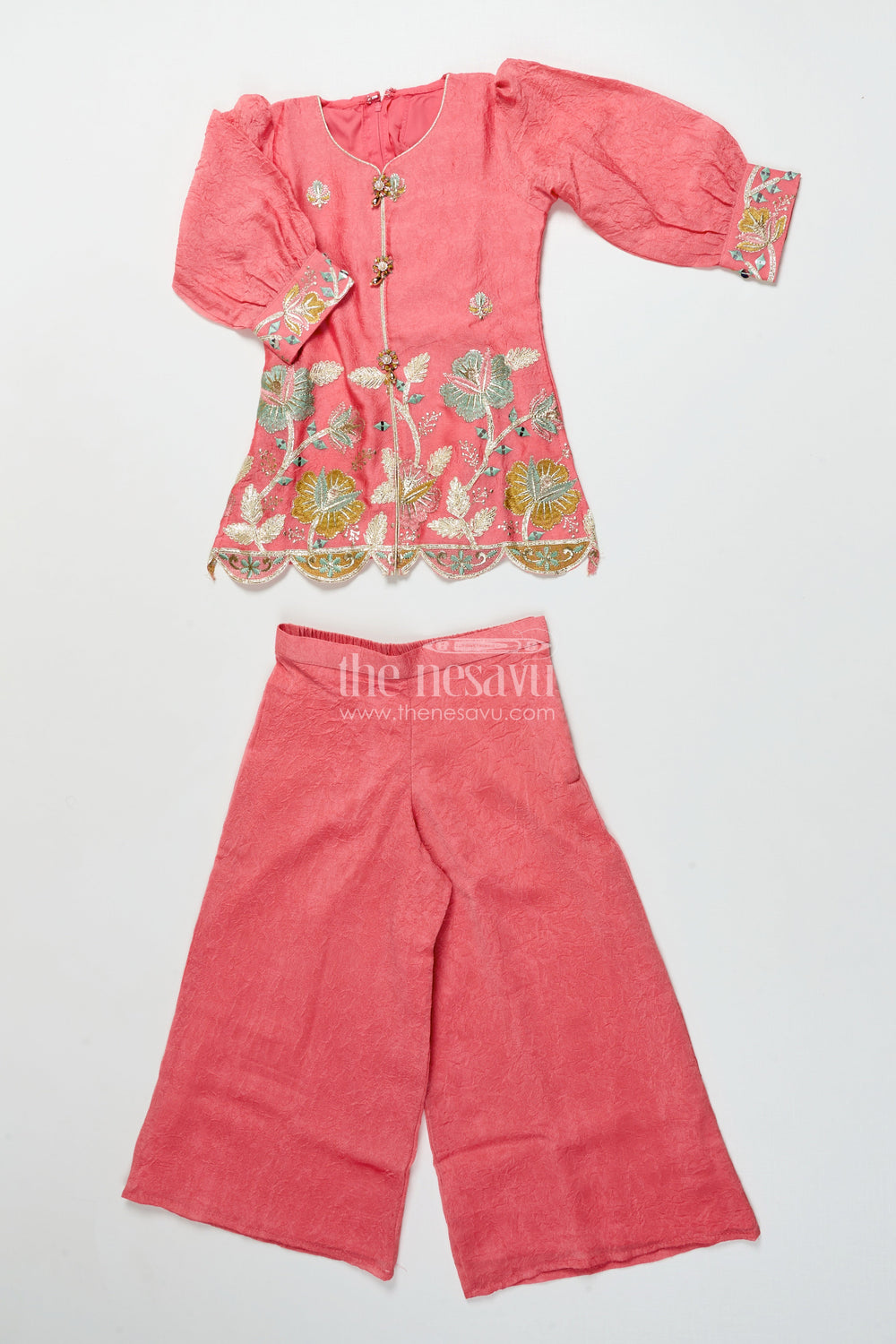 The Nesavu Girls Sharara / Plazo Set Girls Sharara Set with Embroidered Organza Yoke for Festive Events Nesavu 22 (4Y) / Peach GPS703C-22 Nesavu girls sharara set organza embroidered yoke weddings festive wear