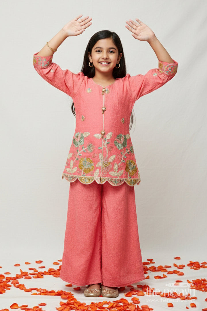 The Nesavu Girls Sharara / Plazo Set Girls Sharara Set with Embroidered Organza Yoke for Festive Events Nesavu 22 (4Y) / Peach GPS703C-22 Nesavu girls sharara set organza embroidered yoke weddings festive wear