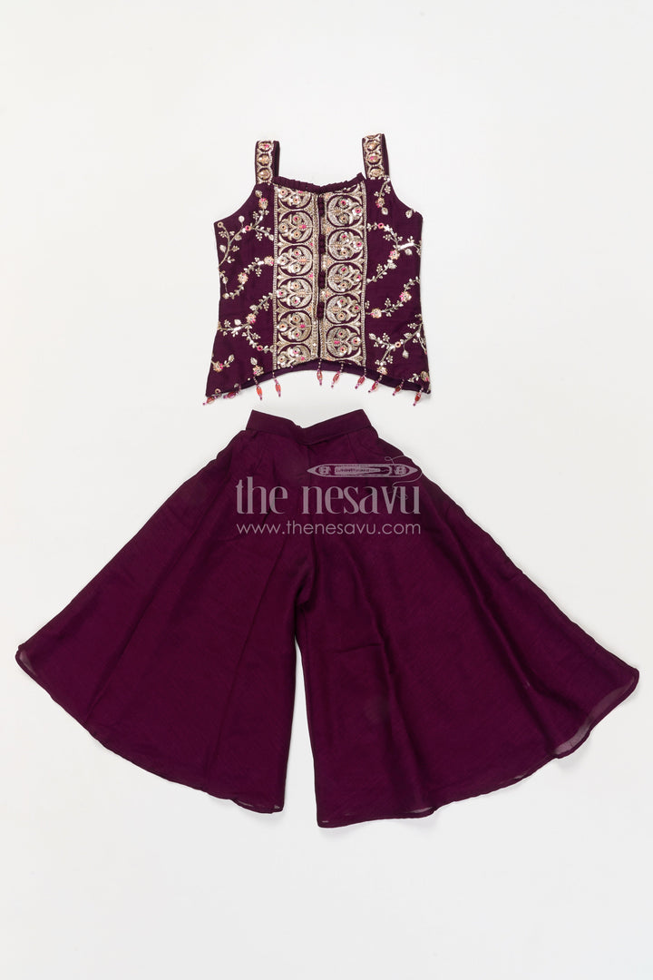 The Nesavu Girls Sharara / Plazo Set Girls Sharara Set with Embroidered Yoke for Festive Parties and Family Gatherings Nesavu 18 (2Y) / Maroon / Georgette GPS927A-18 Nesavu girls sharara set with embroidered yoke and dupatta for festive parties and cultural events