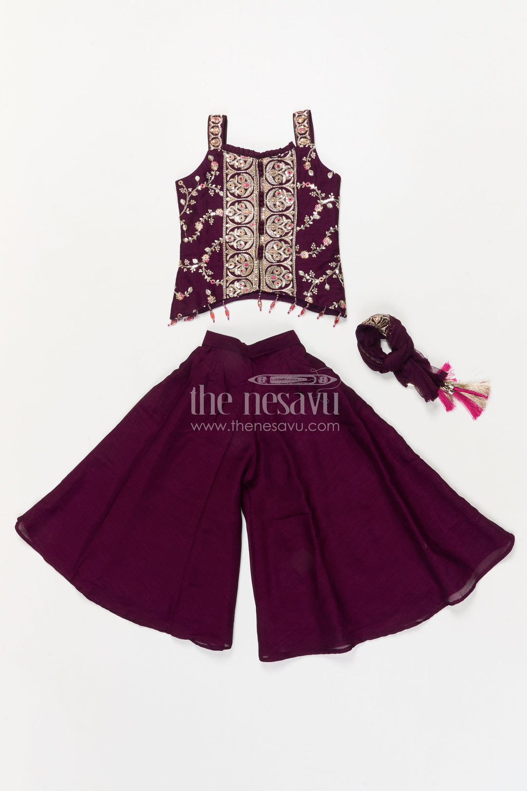 The Nesavu Girls Sharara / Plazo Set Girls Sharara Set with Embroidered Yoke for Festive Parties and Family Gatherings Nesavu Nesavu girls sharara set with embroidered yoke and dupatta for festive parties and cultural events