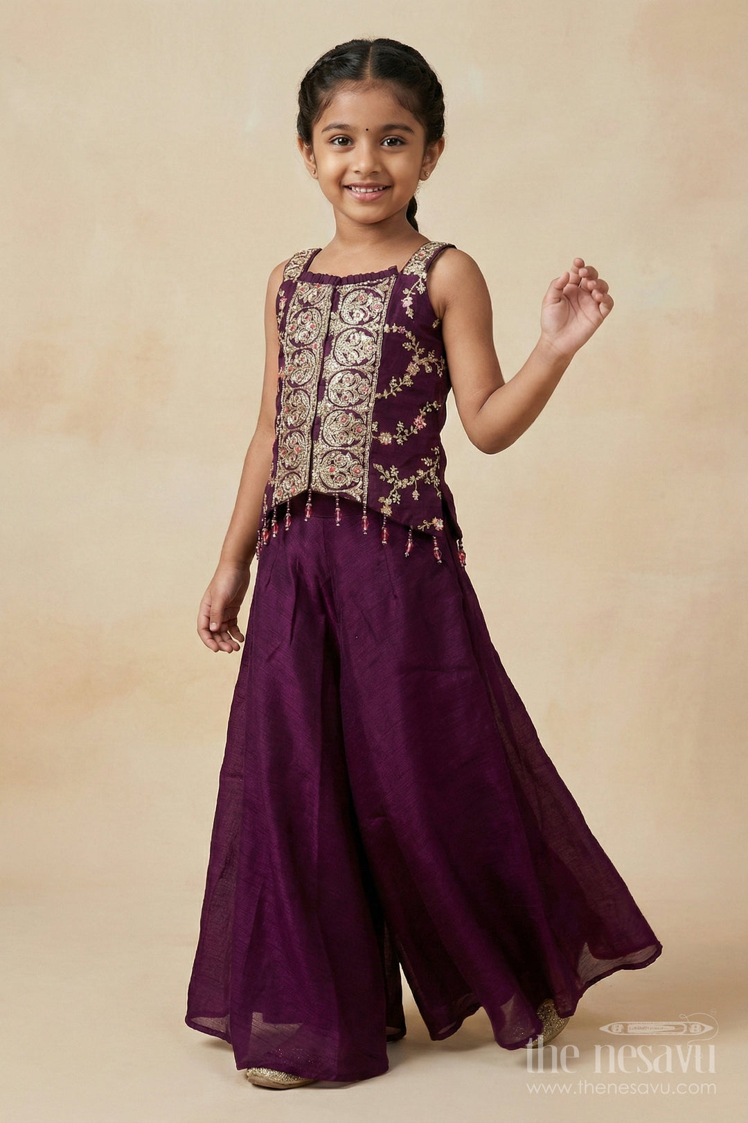 The Nesavu Girls Sharara / Plazo Set Girls Sharara Set with Embroidered Yoke for Festive Parties and Family Gatherings Nesavu Nesavu girls sharara set with embroidered yoke and dupatta for festive parties and cultural events