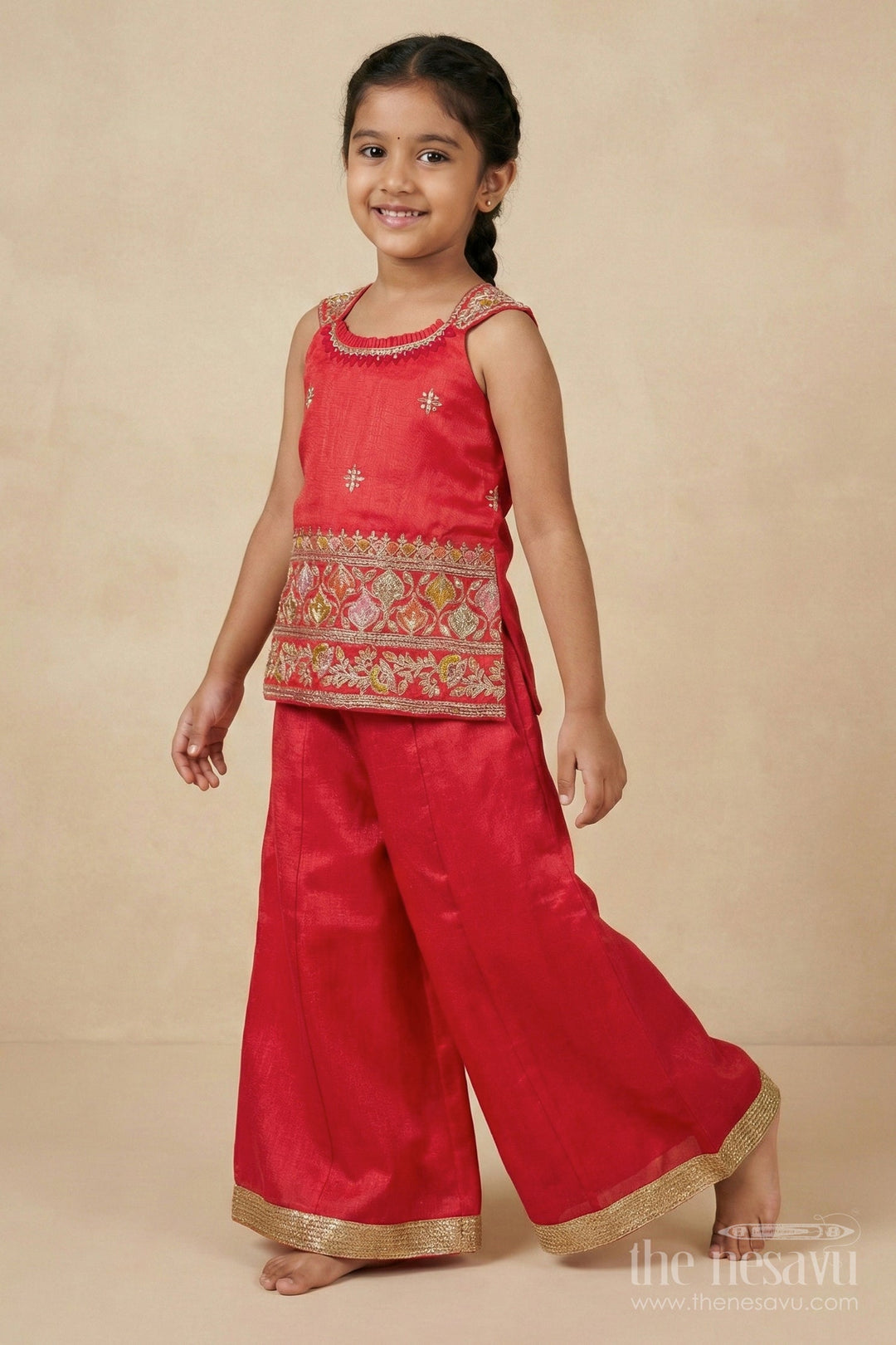 The Nesavu Girls Sharara / Plazo Set Girls Sharara Set with Embroidered Yoke for Wedding and Festive Wear Nesavu Nesavu girls sharara set georgette embroidered yoke weddings festive events
