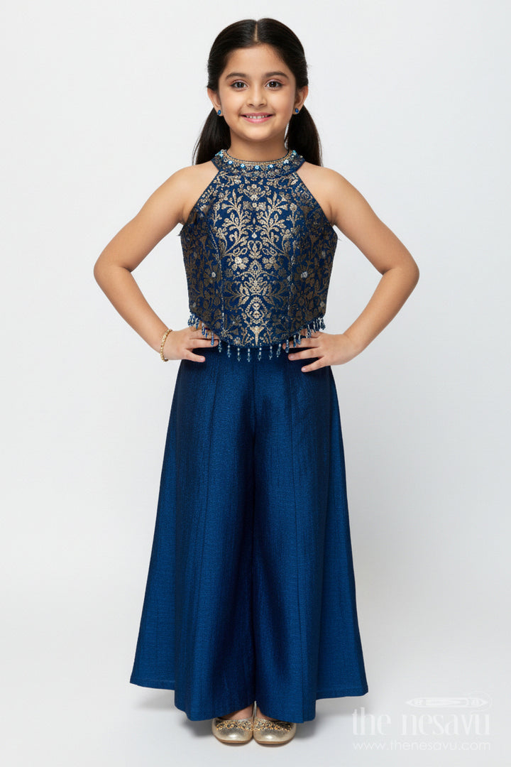 The Nesavu Girls Sharara / Plazo Set Girls Sharara Set with Embroidered Yoke for Weddings and Festive Parties Nesavu 16 (1Y) / Blue GPS898B-16 Nesavu girls georgette sharara set embroidered yoke festive weddings special events