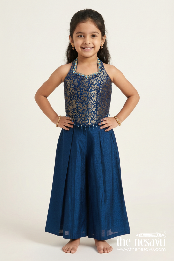The Nesavu Girls Sharara / Plazo Set Girls Sharara Set with Embroidered Yoke for Weddings and Festive Parties Nesavu 16 (1Y) / Blue GPS898B-16 Nesavu girls georgette sharara set embroidered yoke festive weddings special events