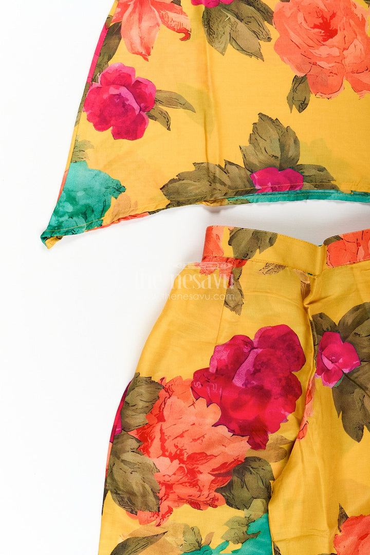 The Nesavu Girls Sharara / Plazo Set Girls sharara set with floral print and mirror work neckline Nesavu Nesavu yellow floral sharara set for girls with mirror work and digital print