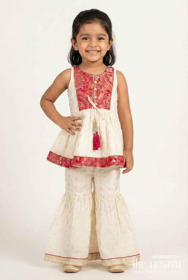 The Nesavu Girls Sharara / Plazo Set Girls Sharara Set with Gold Kadi Print Elegant Festive Outfit for Weddings and Rituals Nesavu 16 (1Y) / Half white GPS687A-16 Nesavu girls gold printed sharara set modal blend festive ethnic wear weddings functions