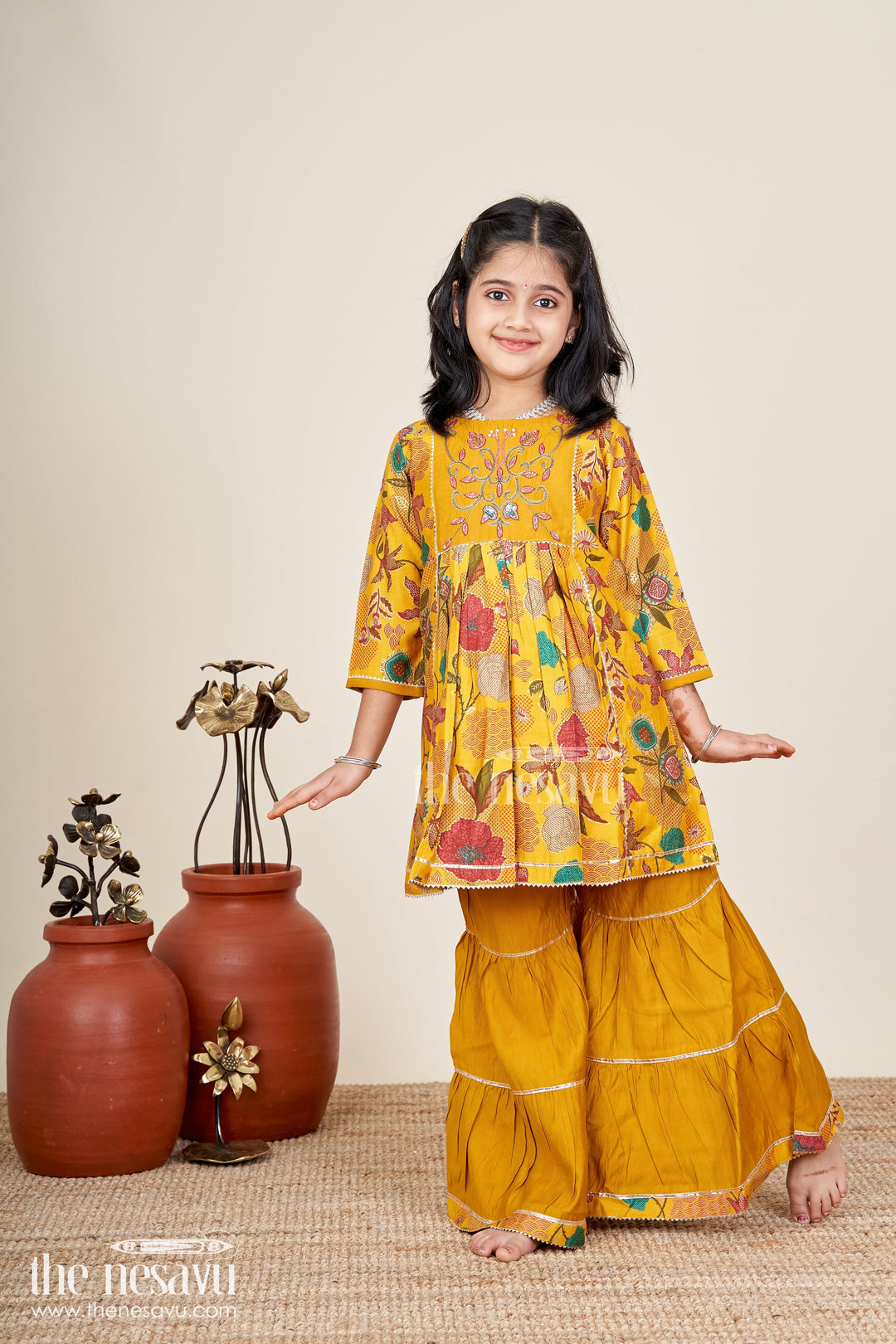 The Nesavu Girls Sharara / Plazo Set Girls sharara set with mustard floral print for festive functions Nesavu 24 (5Y) / Yellow GPS829A-24 Nesavu girls mustard sharara set with floral digital print and embroidery for festive occasions