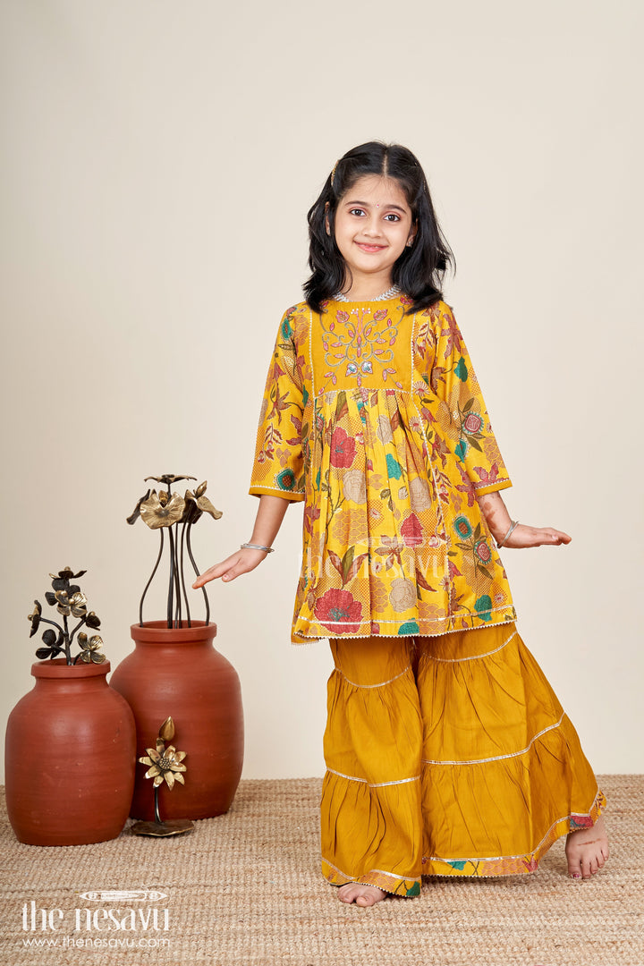 The Nesavu Girls Sharara / Plazo Set Girls sharara set with mustard floral print for festive functions Nesavu 24 (5Y) / Yellow GPS829A-24 Nesavu girls mustard sharara set with floral digital print and embroidery for festive occasions