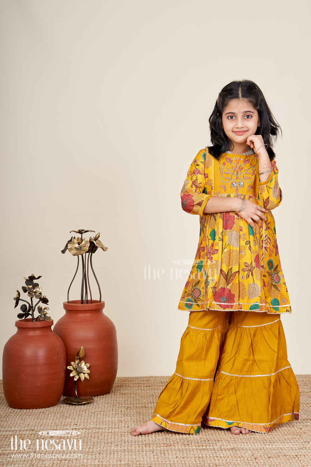 The Nesavu Girls Sharara / Plazo Set Girls sharara set with mustard floral print for festive functions Nesavu Nesavu girls mustard sharara set with floral digital print and embroidery for festive occasions