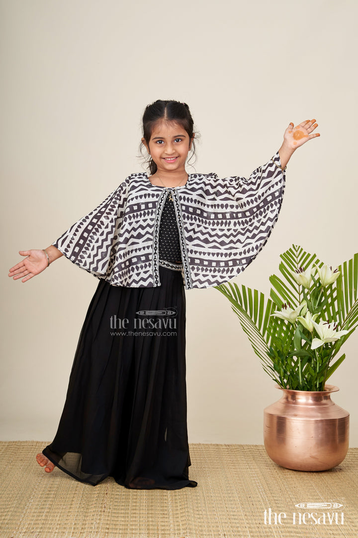 The Nesavu Girls Sharara / Plazo Set Girls sharara set with printed cape top for festive outings Nesavu 24 (5Y) / Black GPS814A-24 Nesavu girls sharara set cape georgette top festive cultural celebrations