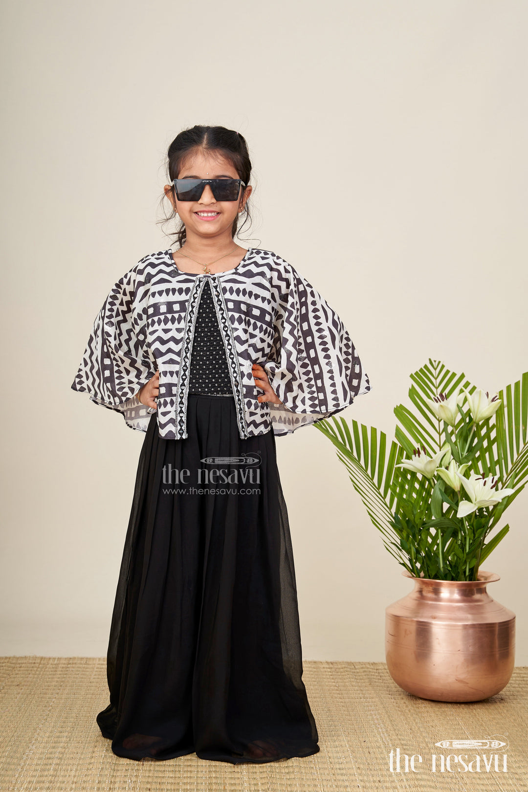 The Nesavu Girls Sharara / Plazo Set Girls sharara set with printed cape top for festive outings Nesavu Nesavu girls sharara set cape georgette top festive cultural celebrations