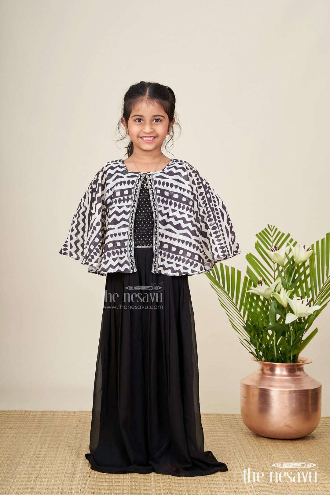 The Nesavu Girls Sharara / Plazo Set Girls sharara set with printed cape top for festive outings Nesavu Nesavu girls sharara set cape georgette top festive cultural celebrations