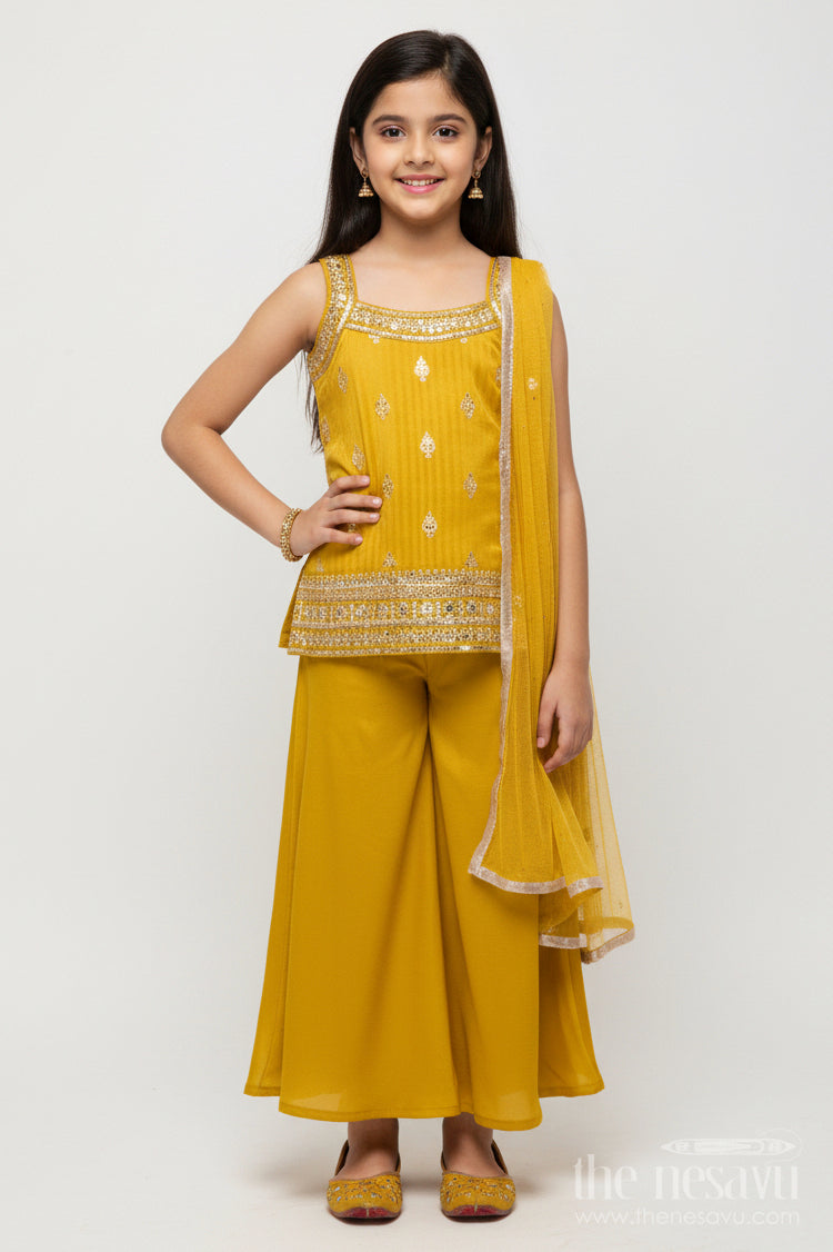 The Nesavu Girls Sharara / Plazo Set Girls Sharara Set with Sequin Embroidered Yoke for Festive Events Nesavu 18 (2Y) / Yellow GPS759A-18 Nesavu girls georgette sharara set sequin embroidered top festive occasions