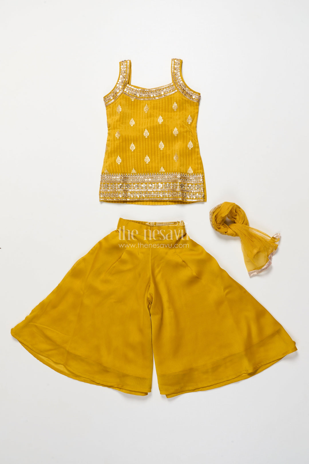 The Nesavu Girls Sharara / Plazo Set Girls Sharara Set with Sequin Embroidered Yoke for Festive Events Nesavu Nesavu girls georgette sharara set sequin embroidered top festive occasions