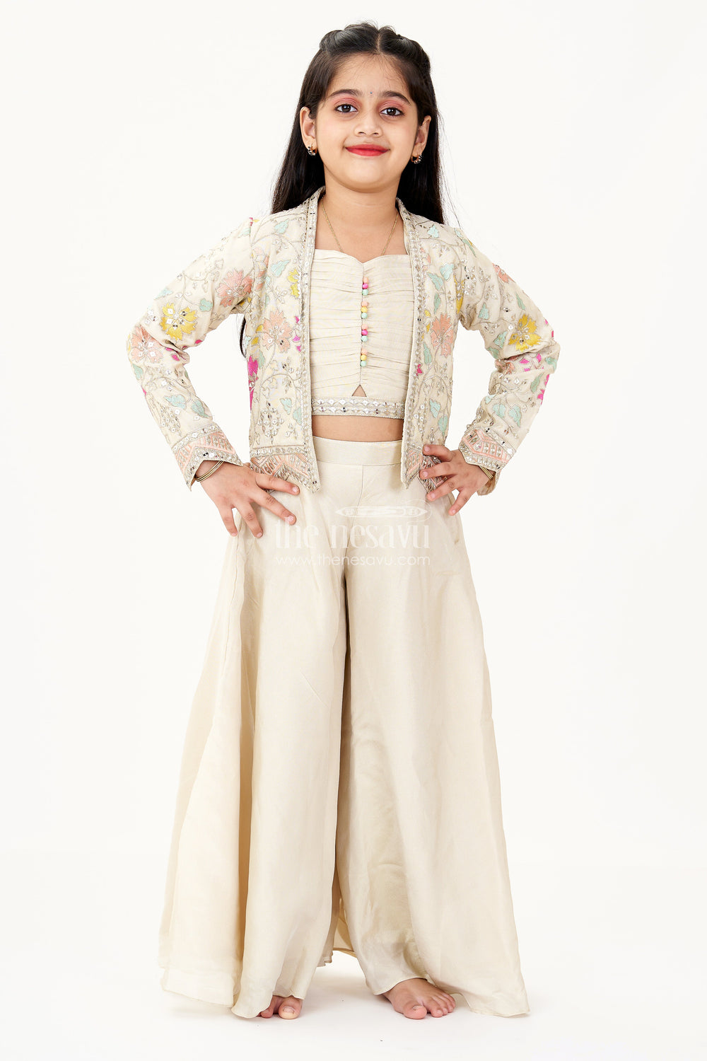 The Nesavu Girls Sharara / Plazo Set Girls Sharara Wear Set in Beige Shimmer Viscose with Embroidered Jacket and Spaghetti Top Nesavu Nesavu Girls Beige Sharara Wear Shimmer Viscose Embroidered Jacket Pleated Top