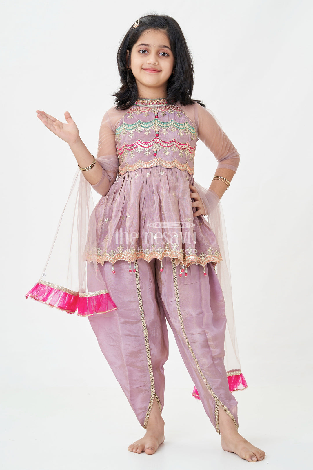 The Nesavu Girls Dothi Sets Girls Shimmer Sharara Kurta Set in Mauve Viscose Silk with Designer Embroidery and Jacket Nesavu Girls Mauve Sharara Kurta Shimmer Viscose Silk Designer Embroidery Net Jacket | The Nesavu