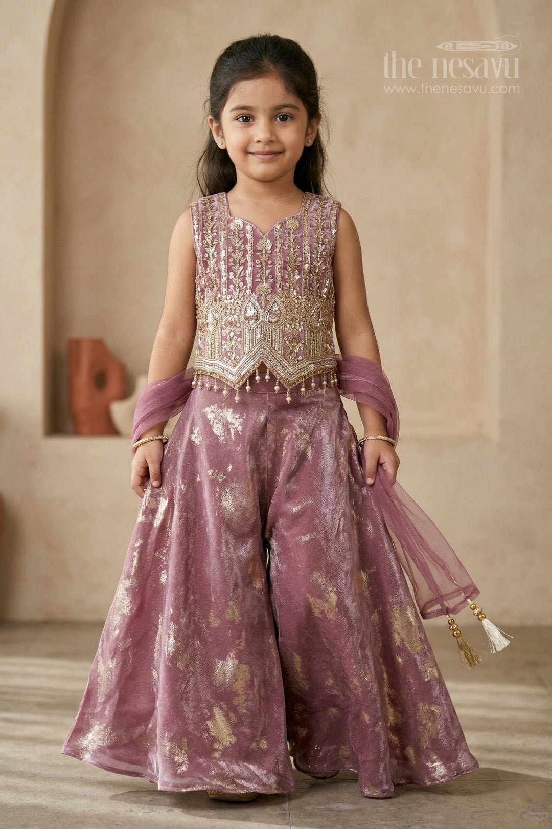 The Nesavu Girls Sharara / Plazo Set Girls Shimmer Sharara Set with Designer Embroidery for Festive Occasions Nesavu 24 (5Y) / Purple / Shimmer GPS1022A-24 Nesavu girls tissue shimmer sharara set with designer embroidery for festive wear
