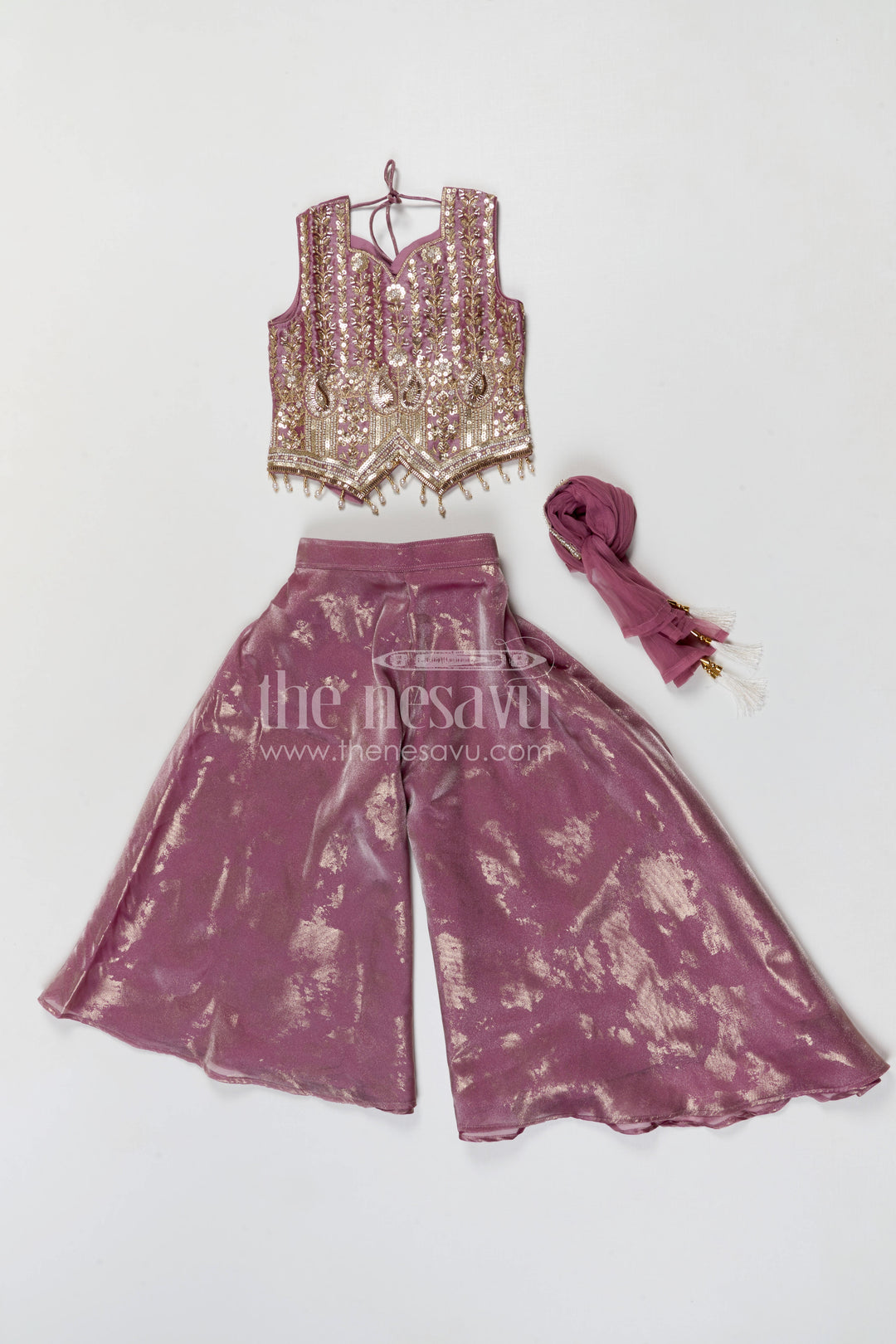 The Nesavu Girls Sharara / Plazo Set Girls Shimmer Sharara Set with Designer Embroidery for Festive Occasions Nesavu Nesavu girls tissue shimmer sharara set with designer embroidery for festive wear