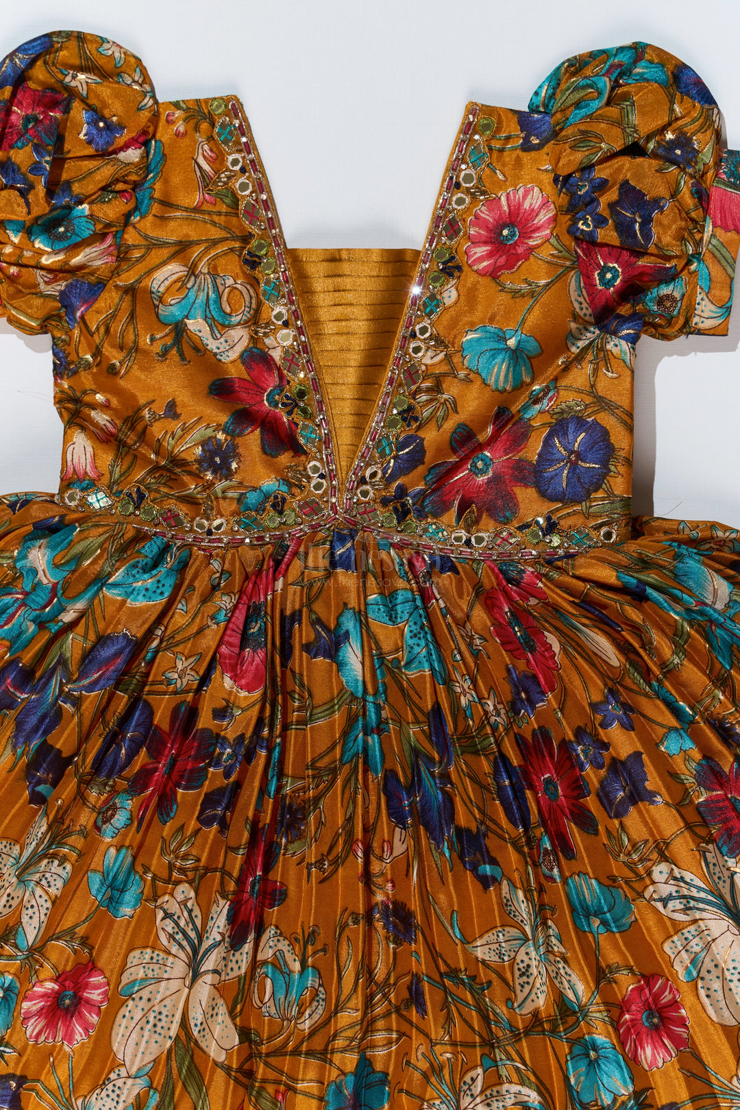 The Nesavu Silk Party Frock Girls Short Anarkali Frock with Chinon Digital Floral Print and Embellished V-Neckline for Elegant Style Nesavu Nesavu Girls Short Anarkali Frock Floral Digital Print Embellished Neckline