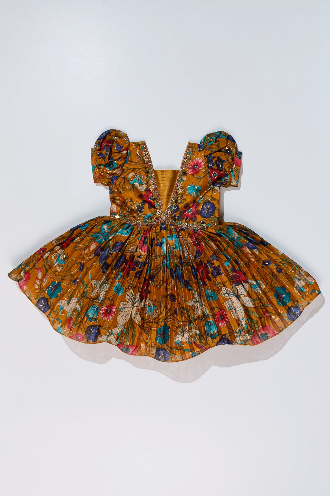 The Nesavu Silk Party Frock Girls Short Anarkali Frock with Chinon Digital Floral Print and Embellished V-Neckline for Elegant Style Nesavu Nesavu Girls Short Anarkali Frock Floral Digital Print Embellished Neckline