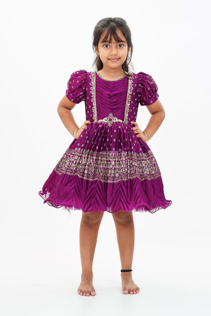 The Nesavu Silk Party Frock Girls Short Frock Silk with Rich Embroidered Borders and Classic Puff Sleeves for an Ethnic Look Nesavu 18 (2Y) / Purple SF971C-18 Nesavu Girls Short Frock Silk Rich Gold Embroidery Elegant Puff Sleeves