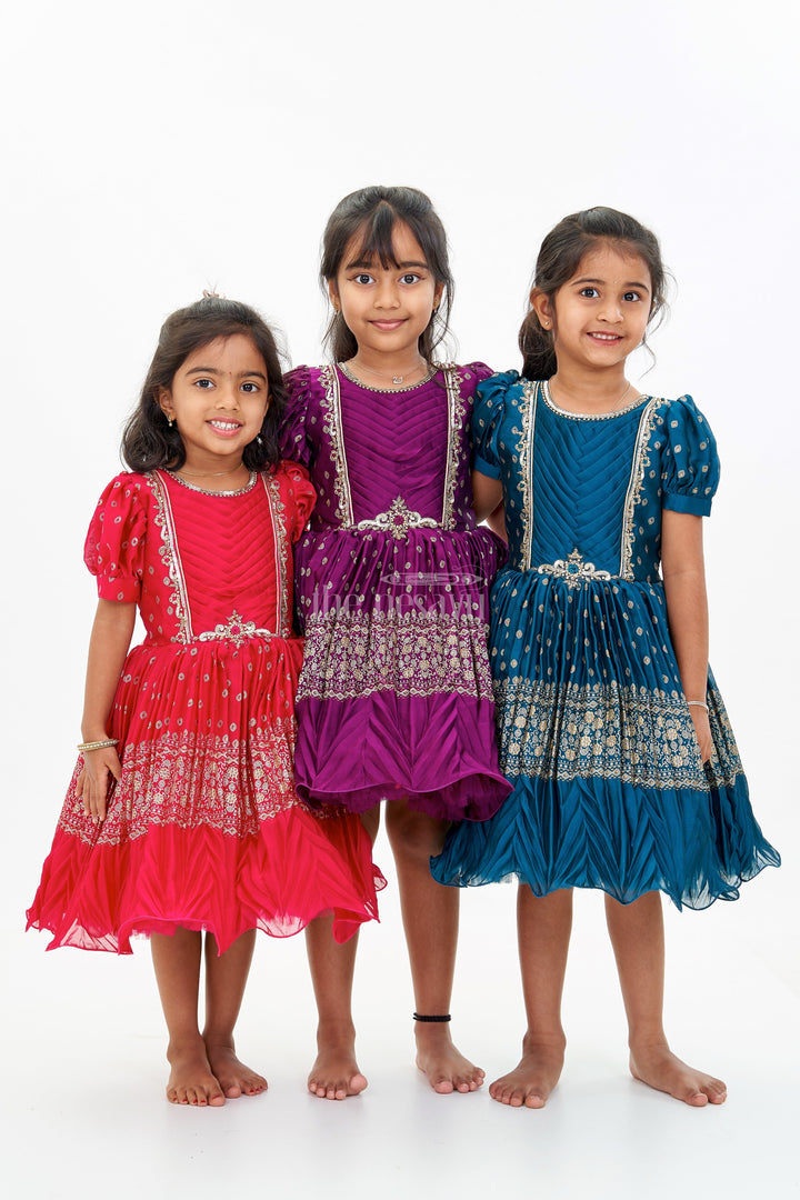 The Nesavu Silk Party Frock Girls Short Frock Silk with Rich Embroidered Borders and Classic Puff Sleeves for an Ethnic Look Nesavu Nesavu Girls Short Frock Silk Rich Gold Embroidery Elegant Puff Sleeves