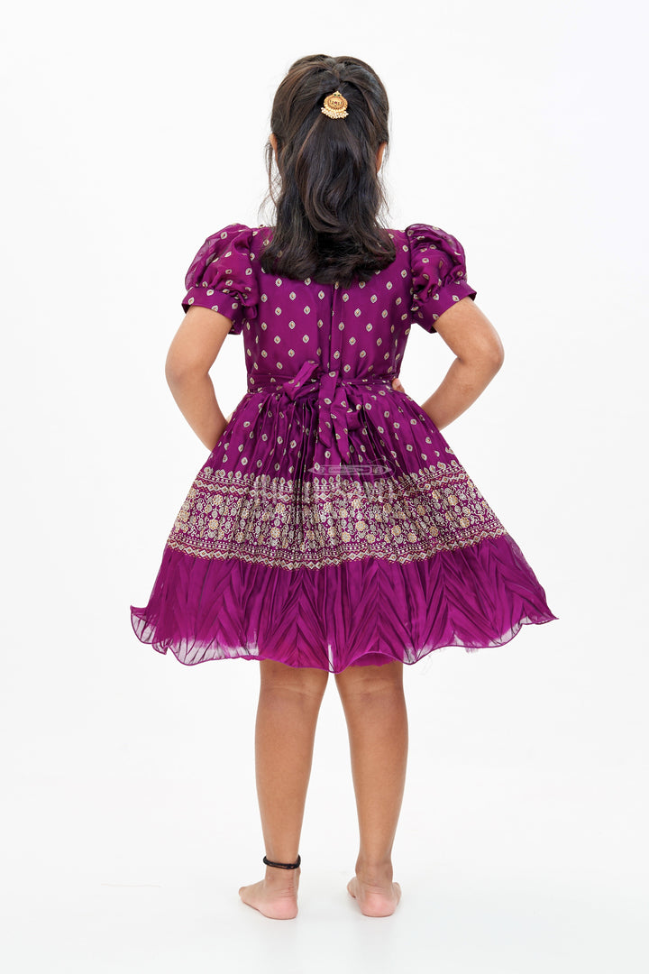 The Nesavu Silk Party Frock Girls Short Frock Silk with Rich Embroidered Borders and Classic Puff Sleeves for an Ethnic Look Nesavu Nesavu Girls Short Frock Silk Rich Gold Embroidery Elegant Puff Sleeves