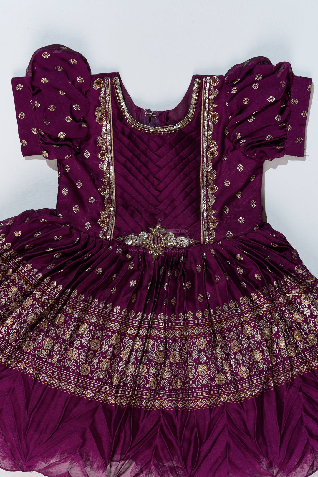 The Nesavu Silk Party Frock Girls Short Frock Silk with Rich Embroidered Borders and Classic Puff Sleeves for an Ethnic Look Nesavu Nesavu Girls Short Frock Silk Rich Gold Embroidery Elegant Puff Sleeves