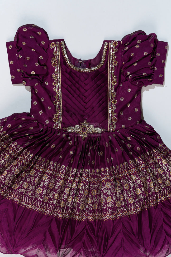 The Nesavu Silk Party Frock Girls Short Frock Silk with Rich Embroidered Borders and Classic Puff Sleeves for an Ethnic Look Nesavu Nesavu Girls Short Frock Silk Rich Gold Embroidery Elegant Puff Sleeves