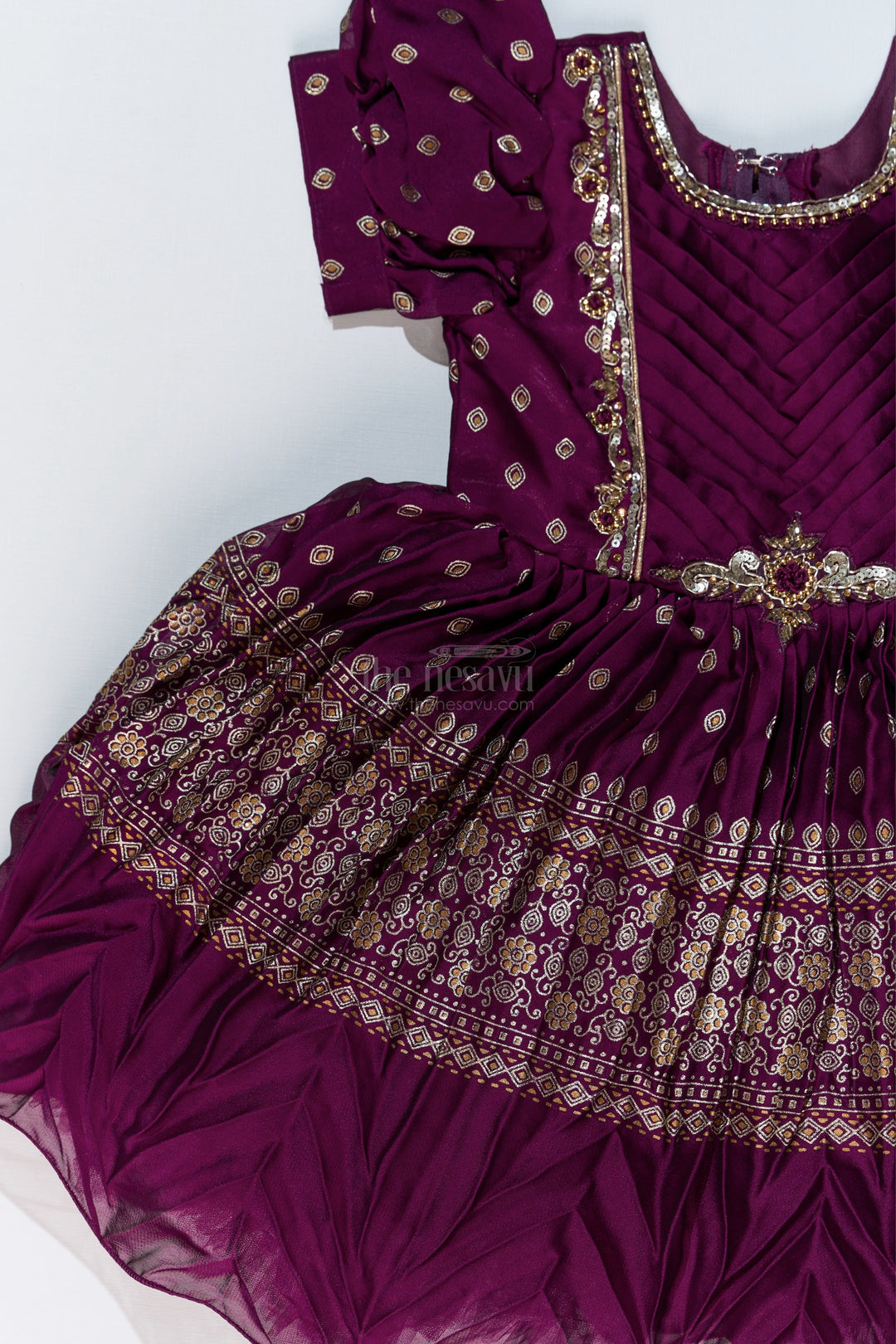 The Nesavu Silk Party Frock Girls Short Frock Silk with Rich Embroidered Borders and Classic Puff Sleeves for an Ethnic Look Nesavu Nesavu Girls Short Frock Silk Rich Gold Embroidery Elegant Puff Sleeves