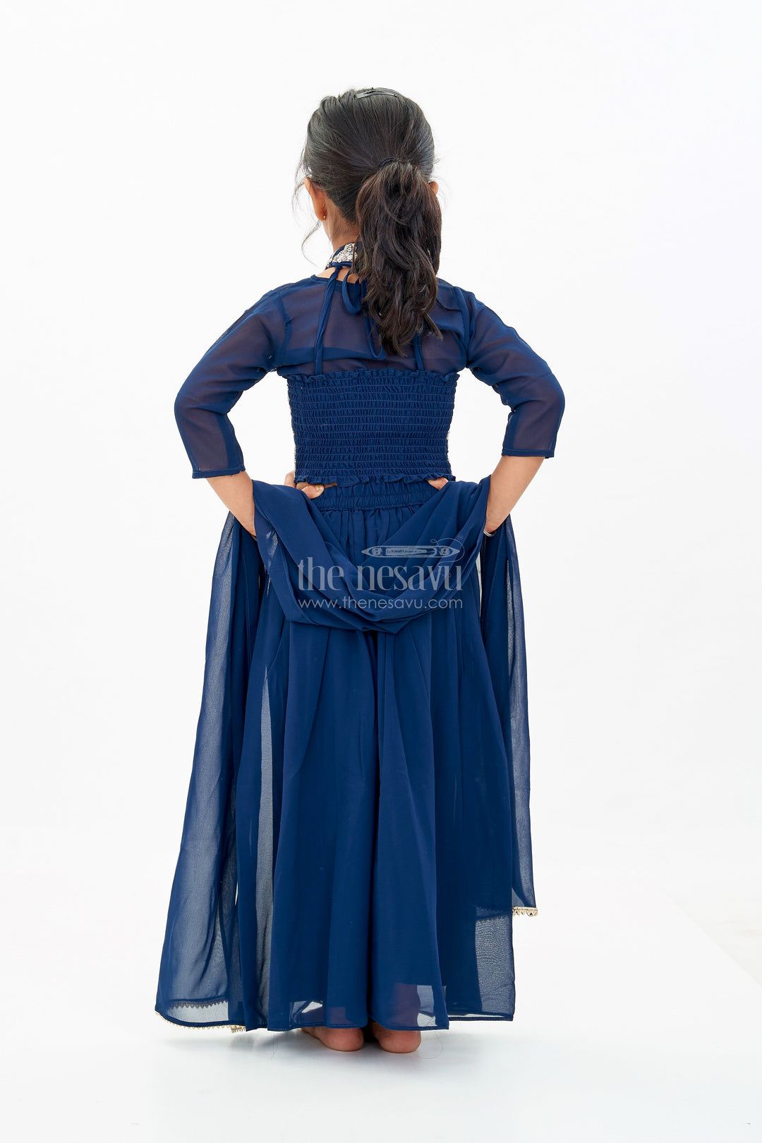 The Nesavu Girls Sharara / Plazo Set Girls Short Top with Sharara in Navy Blue with Embroidered Halter Neck and Flowy Pants Nesavu Nesavu Girls Navy Blue Short Top Sharara Embroidered Halter Neck Blouse