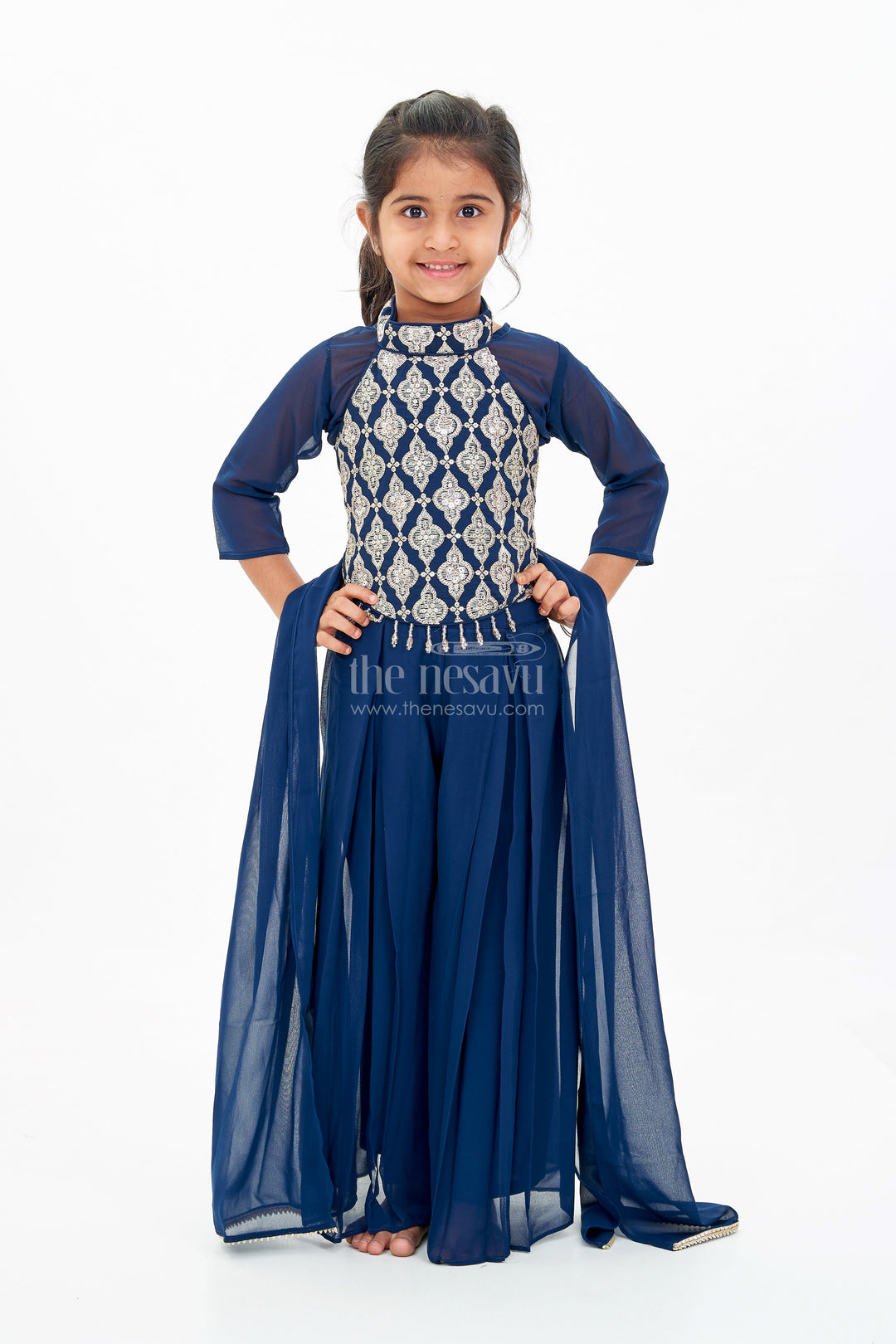 The Nesavu Girls Sharara / Plazo Set Girls Short Top with Sharara in Navy Blue with Embroidered Halter Neck and Flowy Pants Nesavu Nesavu Girls Navy Blue Short Top Sharara Embroidered Halter Neck Blouse