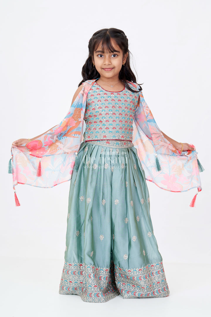 The Nesavu Girls Sharara / Plazo Set Girls Shrug Plazo Set with Embroidered Georgette and Digital Printed Jacket for Stylish Festive Wear Nesavu 24 (5Y) / Green GPS544A-24 Nesavu Girls Shrug Plazo Set Embroidered Georgette Digital Printed Jacket Festive Wear