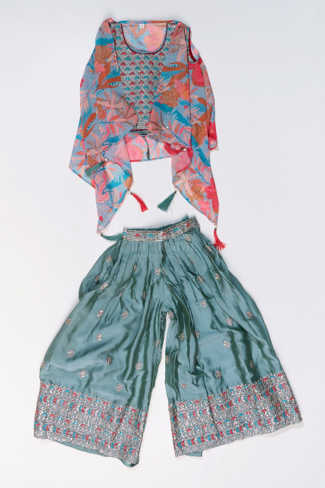 The Nesavu Girls Sharara / Plazo Set Girls Shrug Plazo Set with Embroidered Georgette and Digital Printed Jacket for Stylish Festive Wear Nesavu Nesavu Girls Shrug Plazo Set Embroidered Georgette Digital Printed Jacket Festive Wear