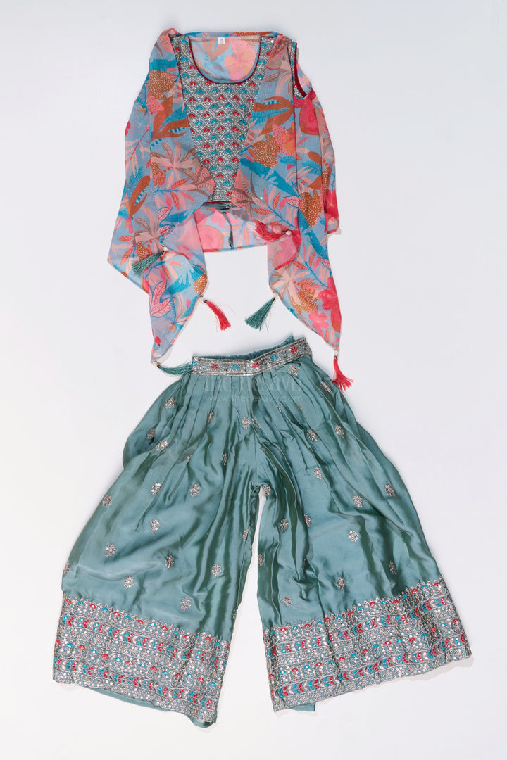 The Nesavu Girls Sharara / Plazo Set Girls Shrug Plazo Set with Embroidered Georgette and Digital Printed Jacket for Stylish Festive Wear Nesavu Nesavu Girls Shrug Plazo Set Embroidered Georgette Digital Printed Jacket Festive Wear