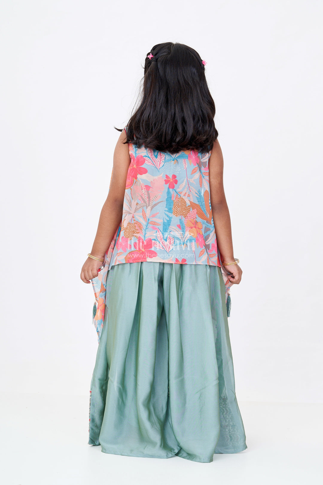 The Nesavu Girls Sharara / Plazo Set Girls Shrug Plazo Set with Embroidered Georgette and Digital Printed Jacket for Stylish Festive Wear Nesavu Nesavu Girls Shrug Plazo Set Embroidered Georgette Digital Printed Jacket Festive Wear