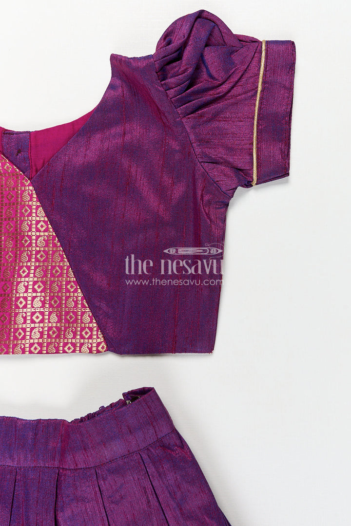 The Nesavu Girls Lehenga Choli Girls Silk Banarasi Lehenga in Semi Jacquard with Raw Silk Skirt and Puff Sleeves for Elegant Looks Nesavu Nesavu Elegant Girls Silk Banarasi Lehenga Puff Sleeves Raw Silk Skirt Traditional Wear