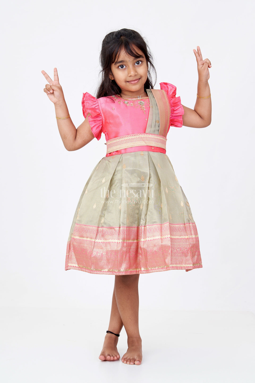 The Nesavu Silk Party Frock Girls Silk Blend Party Dress with Traditional Zari Border and Elegant Embroidery Nesavu 16 (1Y) / Pink SF955B-16 Nesavu Girls Silk Blend Party Dress Zari Border Elegant Embroidery
