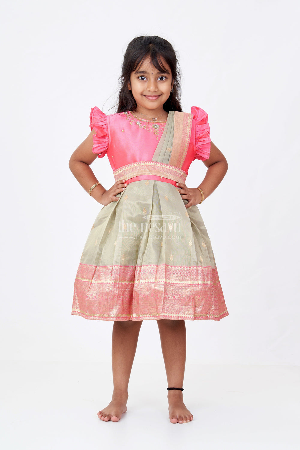 The Nesavu Silk Party Frock Girls Silk Blend Party Dress with Traditional Zari Border and Elegant Embroidery Nesavu Nesavu Girls Silk Blend Party Dress Zari Border Elegant Embroidery