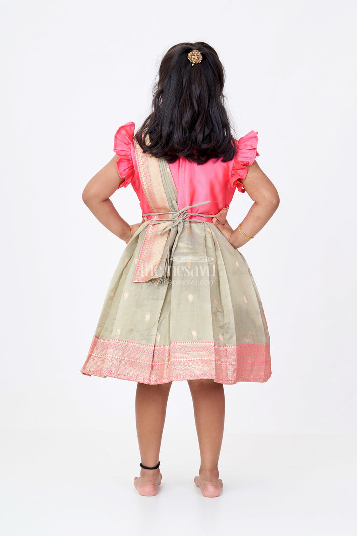 The Nesavu Silk Party Frock Girls Silk Blend Party Dress with Traditional Zari Border and Elegant Embroidery Nesavu Nesavu Girls Silk Blend Party Dress Zari Border Elegant Embroidery