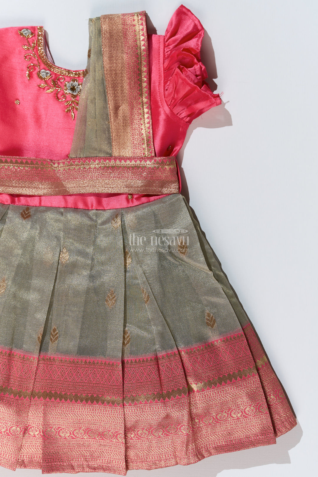 The Nesavu Silk Party Frock Girls Silk Blend Party Dress with Traditional Zari Border and Elegant Embroidery Nesavu Nesavu Girls Silk Blend Party Dress Zari Border Elegant Embroidery