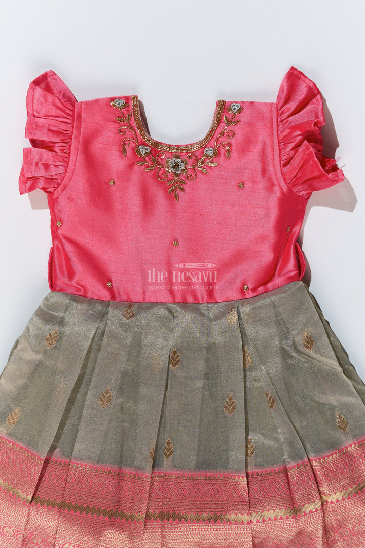 The Nesavu Silk Party Frock Girls Silk Blend Party Dress with Traditional Zari Border and Elegant Embroidery Nesavu Nesavu Girls Silk Blend Party Dress Zari Border Elegant Embroidery