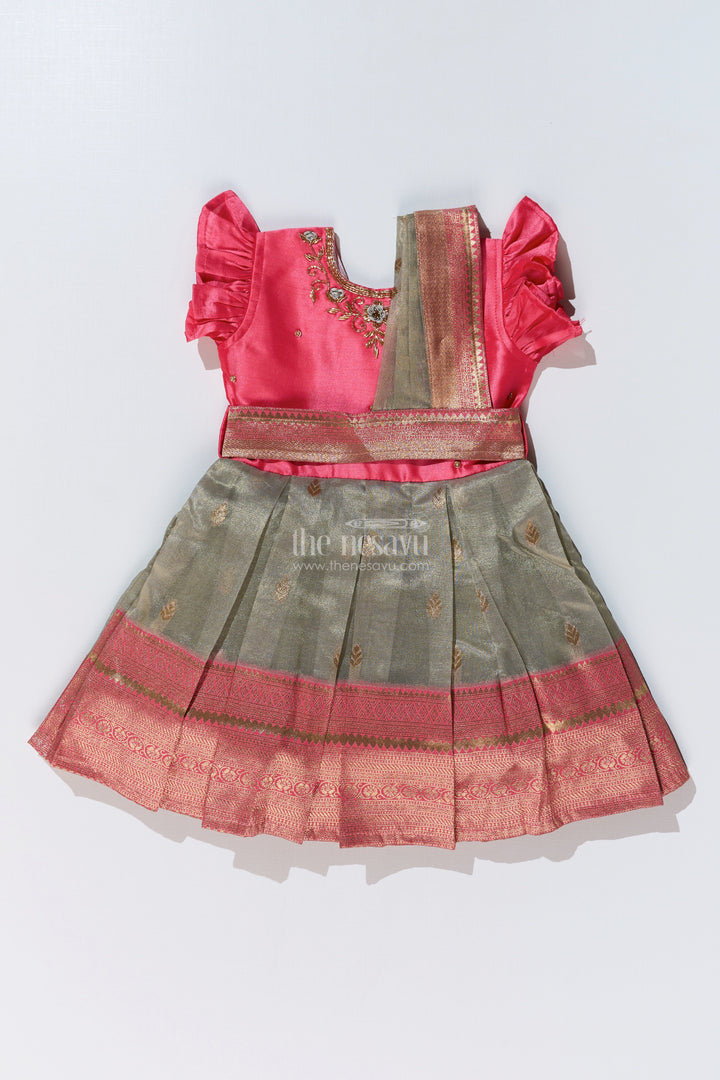 The Nesavu Silk Party Frock Girls Silk Blend Party Dress with Traditional Zari Border and Elegant Embroidery Nesavu Nesavu Girls Silk Blend Party Dress Zari Border Elegant Embroidery