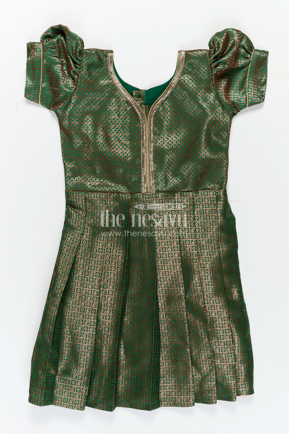 The Nesavu Silk Frock Girls Silk Cloth Frock Design in Semi Banaras Silk with Zari Brocade in Rich Green and Box Pleated Skirt Nesavu 20 (3Y) / Green SF1026A-20 Nesavu Girls Green Silk Cloth Frock Design Semi Banaras Silk Zari Motifs Box Pleated Finish