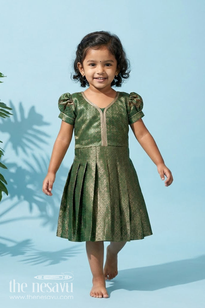 The Nesavu Silk Frock Girls Silk Cloth Frock Design in Semi Banaras Silk with Zari Brocade in Rich Green and Box Pleated Skirt Nesavu 20 (3Y) / Green SF1026A-20 Nesavu Girls Green Silk Cloth Frock Design Semi Banaras Silk Zari Motifs Box Pleated Finish
